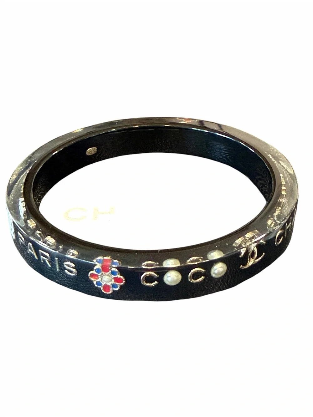 CHANEL Black and Silver Resin Logo Bangle